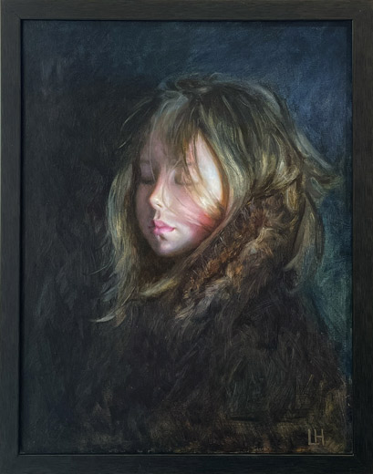 Luke Hollis nz fine art portrait, Illumination, oil on board, framed